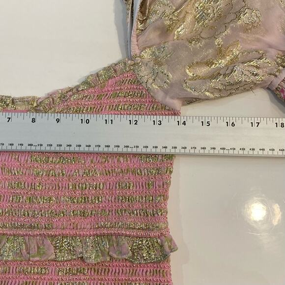 nwot HEMANT NANDITA Dress S Pink Floral Lyrics Tiered Smocked Puff-½-Sleeve Mini - Picture 7 of 16